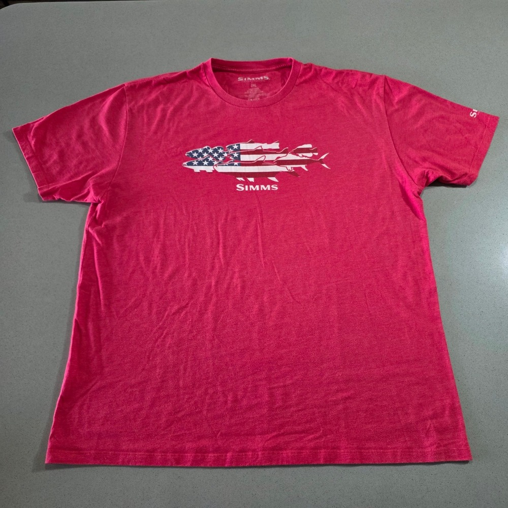 Simms Fishing Products American Flag Fish‎ Graphic T-Shirt Mens 2XL Pink Heather